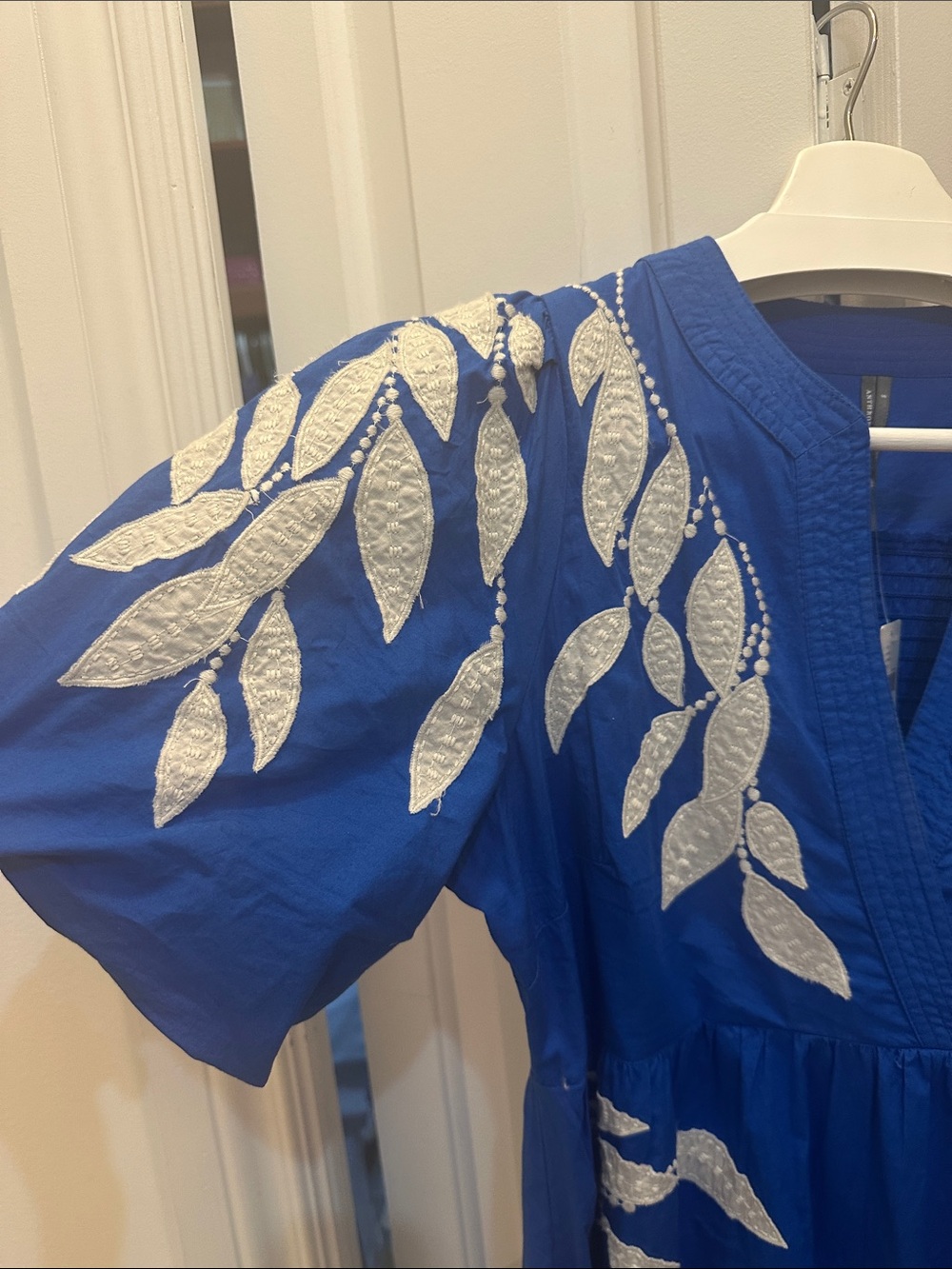 Anthropologie Cobalt Blue Dress with White Leaf Embroidery - Picture 4 of 6